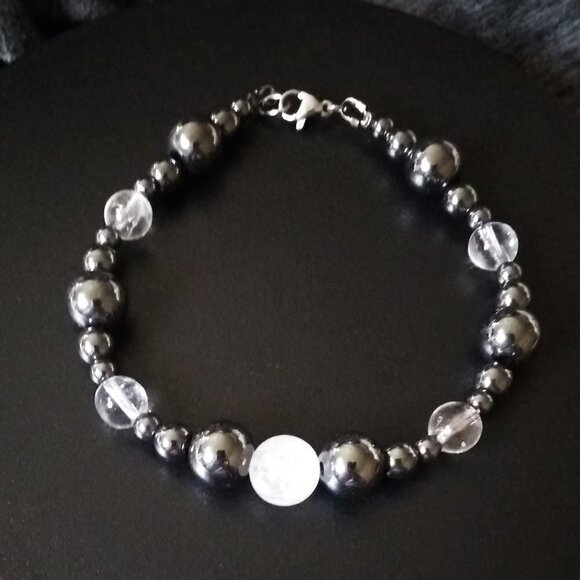 Extra Large Hematite + Quartz Bracelet - fits 8.5" Wrist! Memory Calm + Clarity - Picture 5 of 9